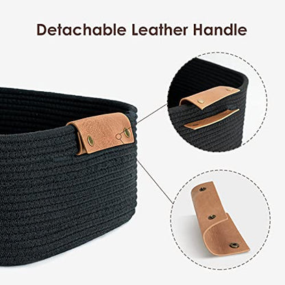 CHICVITA Large Woven Rope Gift Basket with Leather Handles, 20L, Black - color: Black, size: 14.5 x 13 x 6 Inch
