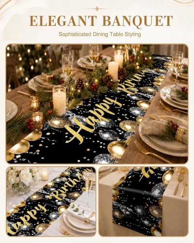 2pc Black Gold Birthday Table Runner 18x72 Inch Party Decor - color: Black-2pc