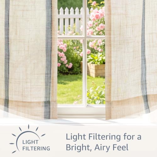 jinchan Linen Striped Tier Curtains for Kitchen Windows Farmhouse - color: Shadow Stripe | Blue on Linen, size: 26"W x 24"L (Pack of 2)