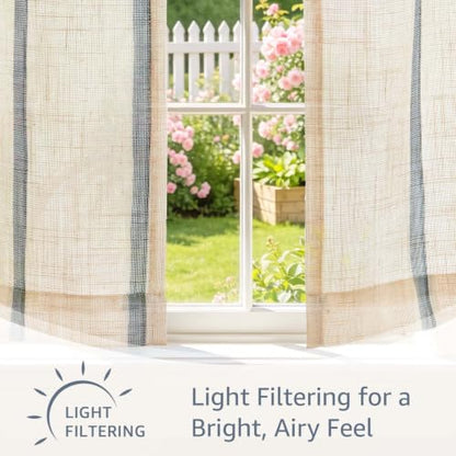 jinchan Linen Striped Tier Curtains for Kitchen Windows Farmhouse - color: Shadow Stripe | Blue on Linen, size: 26"W x 24"L (Pack of 2)