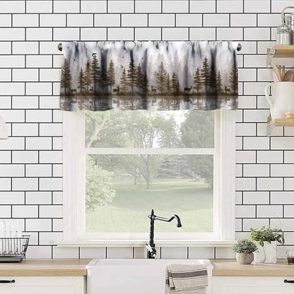 Misty Forest Valance Curtain, Rustic Farmhouse Pine Tree Landscape Country Woodland Deer Print Blackout Short Window Drape for Kitchen Living Room Bedroom, 54x18inch - color: Deer-3