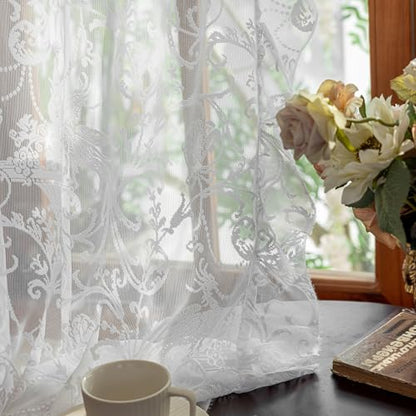 TUDECO White Lace Curtains 63 Inch Length, Ruffle Edges, 59 x 63, 2 Panels - color: White, size: 59"W x 63"L (Pack of 2)