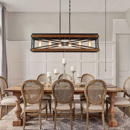 Rustic Farmhouse Plug in Kitchen Island Lighting, 6 Lights Rectangular Pendant Light Fixture with Adjustable Chain, Dimmable Switch, Oak Wood and Metal Linear Chandelier for Dining Room Home, Black - size: Large 6-Light Hanging Lamp