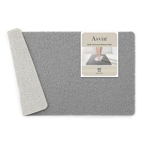 Asvin Soft Textured Bath, Shower, Tub Mat, 24x16 Inch Rectangular, Phthalate Free, Non Slip Comfort Bathtub Mats with Drain, PVC Loofah Bathroom Mat for Wet Areas, Quick Drying, Grey - color: Grey, size: 24" x 16" (Rectangular)