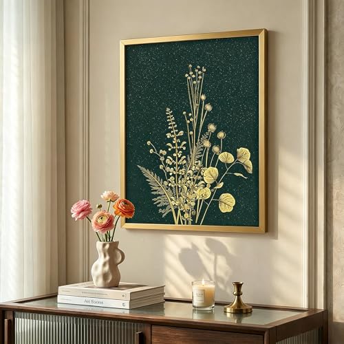 YBYBEST 12x16 Green and Gold Botanical Wall Art with Gold Frame, Shimmery Green Wall Art for Bathroom, Bedroom, Living Room and Entryway - color: Emerald Green & Gold1-12*16, size: 16"L x 12"W