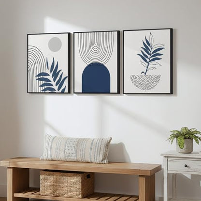 Framed Blue Mid Century Boho Botanical Canvas Wall Art Bedroom, 12x16 Inch | Navy bohemian botanical, 3 piece, Canvas print, Mid century modern, Geometric artwork, Leaf pictures, Living room wall art - color: Black and Blue