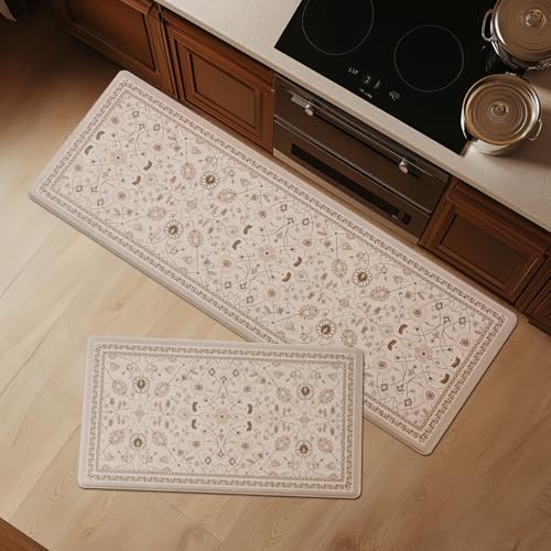 FRESHMINT Vintage Floral Kitchen Mat 2 Pack, 17x30''+17x47'', Natural Beige - color: Floral - Natural Beige
