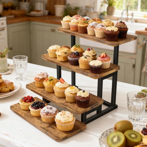Lilybud--lily Cupcake Stand for 50 Cupcakes, 4 Tier Wooden Risers Display Stands Stepped Dessert Table Display Set with Metal Frame Tiered Tray Stand Serving Trays for Party Farmers Market Display - size: 4 Tier - 1 Pack