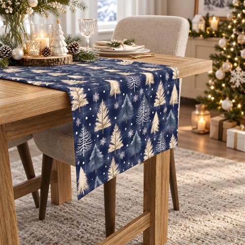 Christmas Decorations - Navy Blue Xmas Tree Snowflake Winter Table Runner - color: Xmas Tree Snowflake