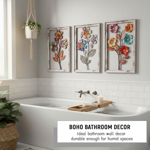 Newinhome 3 Pieces Metal Flowers Wall Art, 3D Boho Flower Wall Decor