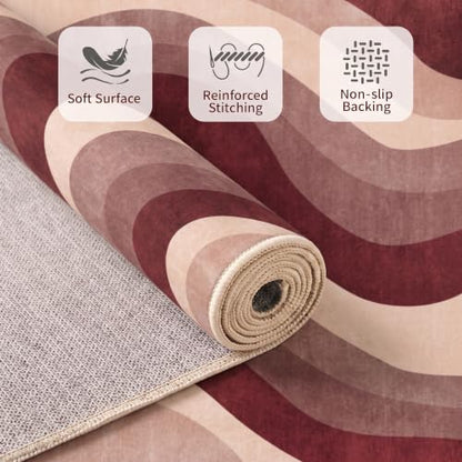 6X9 Modern Burgundy Dusty Rose Wavy Striped Washable Area Rug - color: Burgundy, size: 6' x 9' (Rectangular)