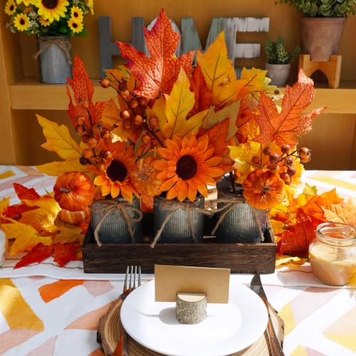 Winlyn Set of 3 Small Potted Maple Arrangement Artificial Maple Leaf Branches Faux Fall Picks and Sprays in Rustic Galvanized Metal Pots with Decorative Wood Tray