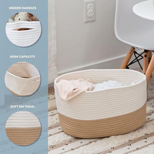 OrganiHaus Cotton Rope Baskets for Shelves, Set of 3, 15x9x10 - color: Honey / Off-White