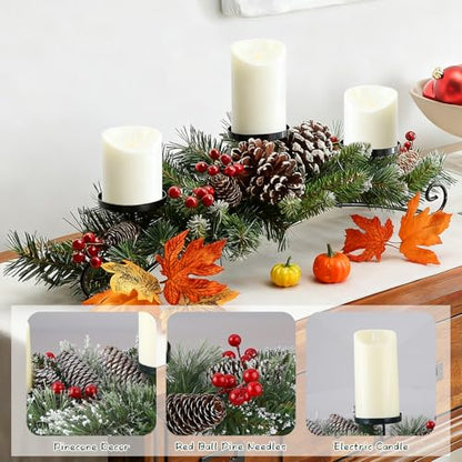 Christmas Candle Holder with 3 Electric Candles, Tabletop Decoration for Christmas Home Decor, Holiday Party Table Decorations Candle Holder with Pine Cone, Red Ball, Pine Needle