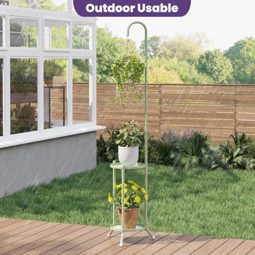 2-Tier Metal Plant Stand with Hanging Hook,Green - color: Green