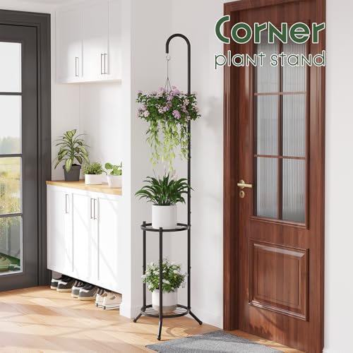 2-Tier Plant Stand With Hanging Hook, Metal Standing Plant Hanger, Black - color: Black