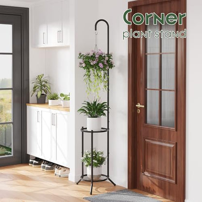 2-Tier Plant Stand With Hanging Hook, Metal Standing Plant Hanger, Black - color: Black