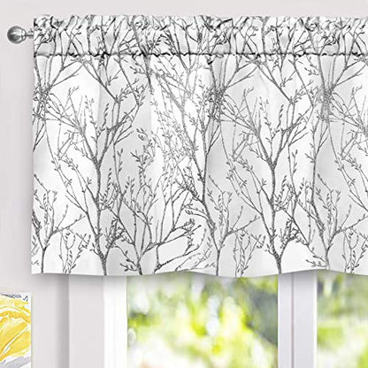 DriftAway Tree Branch Lined Valance Double Layer Blackout Thermal Insulated Abstract Ink Printing Window Curtain Valance Rod Pocket 52 Inch by 24 Inch Plus 2 Inch Header Silver Gray 1 Pack - color: Silver Gray, size: 52"W x 24"L (Pack of 1)