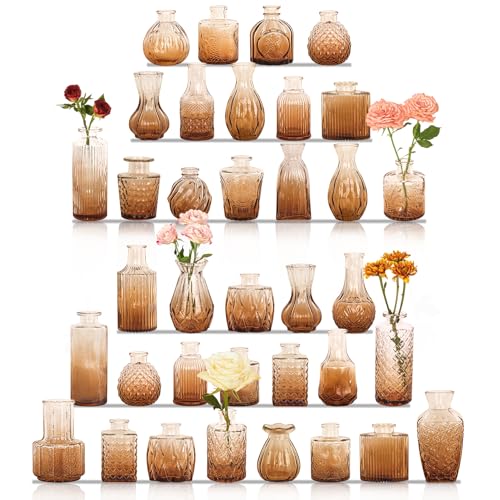 Set of 36 Glass Bud Vases Small Flower Vases for Centerpieces(Amber) - color: Amber