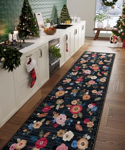 Washable Kitchen Rug Hallway Runner: 2x10 Runner Rug Non Slip Carpet Runner - color: Black Floral, size: 2' x 10' (Rectangular)