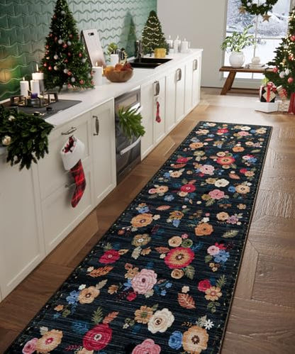 Washable Kitchen Rug Hallway Runner: 2x10 Runner Rug Non Slip Carpet Runner - color: Black Floral, size: 2' x 10' (Rectangular)