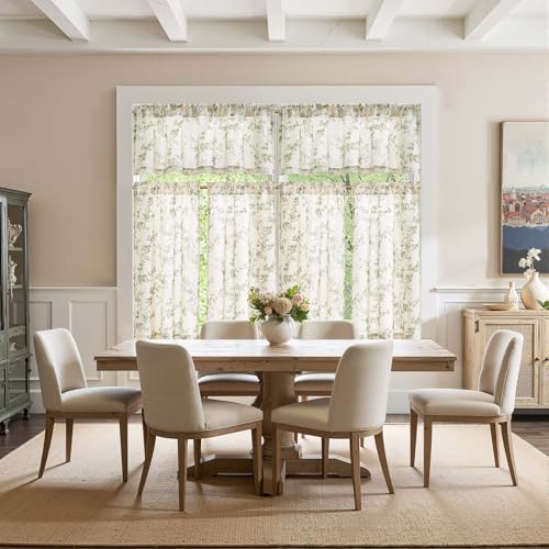 jinchan Green Linen Floral Kitchen Tier Curtains and Valance Set 3 Pieces - color: Alisa | Green on Linen, size: 26"W x 36"L (Pack of 3)