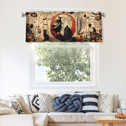 Halloween Witch Valances for Windows Rod Pocket Curtain Valance 1 Panel Short Curtains for Kitchen Bathroom Living Room Bedroom Window Treatments - color: Halloween Witch