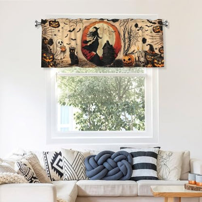 Halloween Witch Valances for Windows Rod Pocket Curtain Valance 1 Panel Short Curtains for Kitchen Bathroom Living Room Bedroom Window Treatments - color: Halloween Witch