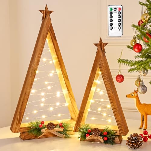 2 Pcs Triangle Tabletop Wooden Christmas Tree with Lights, Modern Farmhouse Rustic Christmas Decor, Small Lighted Xmas Tree for Kitchen Mantle Shelf Living Room(14.2" Large / 11" Small)