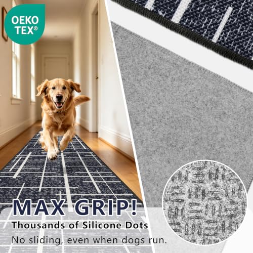 Washable Runner Rug 2x6, Modern Distressed Stripe, Kitchen Runner Rug Non Slip, Woven Thin No Shed Carpet Runners for Entryway, Kitchen, Laundry Room- Midnight Black - color: Striped-black/White, size: 2' x 6' (Runner)