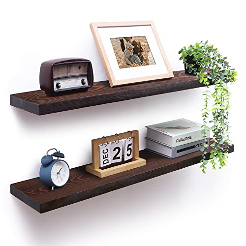 Axeman Floating Shelves for Wall Set of 2-36 Inch Wide x 8 Inch Deep Solid Pine Wood Shelves for Wall - Rustic Floating Wood Shelves for Living Room Bedroom Laundry Room Farmhouse, Dark Walnut - color: Dark Walnut