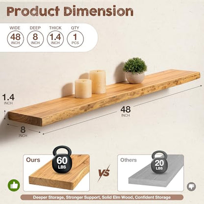 fuqing Live Edge Floating Shelves for Wall, 48 Inch Solid Elm Wood Shelves - color: Natural Elm Live Edge - 8"d, size: 48"L - 1Pack