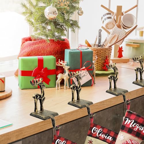 4 Pieces Reindeer Christmas Stocking Holder Christmas Hooks Skid Mantel Hooks Hanger for Fireplace Free Standing Christmas Decorations