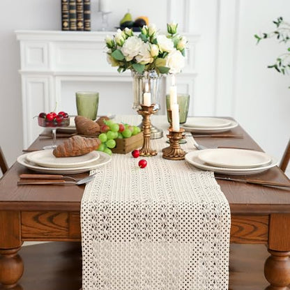 Simple&Opulence Boho Macrame 100% Cotton Table Runner - 12 x 72 Inch, Woven Farmhouse Table Runner with Fringed Edges for Bohemian Rustic Wedding, Bridal Shower, Dinner （Beige） - size: 12"x72", style: Cotton / Beige