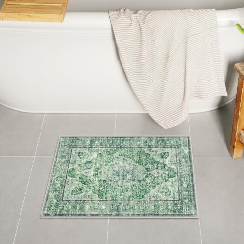Uphome Green Bath Mat, Distressed Farmhouse Boho Bathroom Rugs, Super Cozy Velvet Small Bathroom Mats, Non Slip Machine Washable Bathroom Floor Mat for Toilet Sink Shower, 18x26 inch - color: Green, size: 18 x 26 inch (Rectangular)