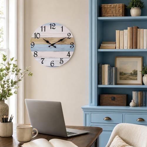 CHYLIN Wall Clock Silent Non-Ticking Battery Operated Rustic Wood Grain - color: C-dark Brownish Blue, size: 8 inch