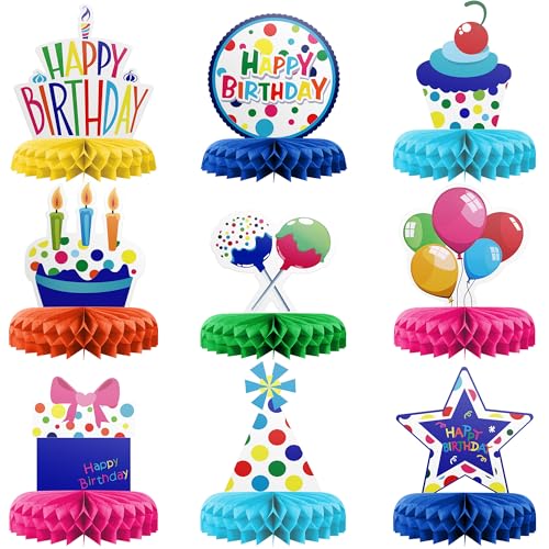 Happy Birthday Table Decoration Centerpieces - 9 Pieces, Multicolor - Double-Sided Happy Birthday Centerpieces for Tables - Party Supplies for Elegant Birthday Decorations - by PixiPy - style: Multicolor (Pack of 9)