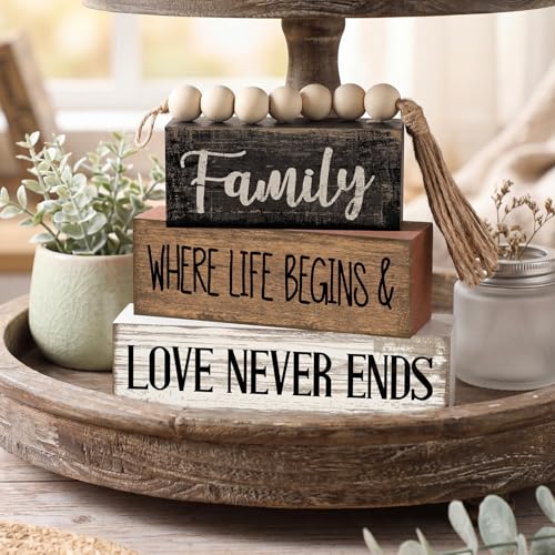 Yuntau 4 Pcs Farmhouse Tabletop Decor Wood Stacked Sign Blocks Family - style: Famliy