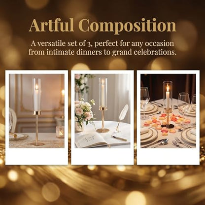 Gold Hurricane Candle Holders Set of 3, Tall Metal Windproof Glass Taper Candle Holder for Candelabra Centerpieces for Dining Table, Wedding, Party & Fireplace Mantel Decor