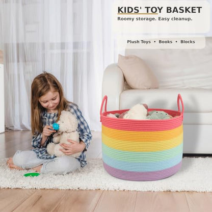 XUANGUO 66L Large Blanket Basket, Round Cotton Rope Basket, Rainbow - color: rainbow