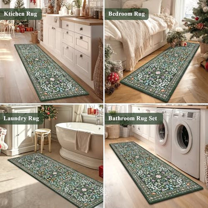 Yamaziot Boho Anti Fatigue Kitchen Rug Set of 2 Green, Non-Slip Kitchen Mat - color: Green & Black, size: 20"x32"+20"x59"