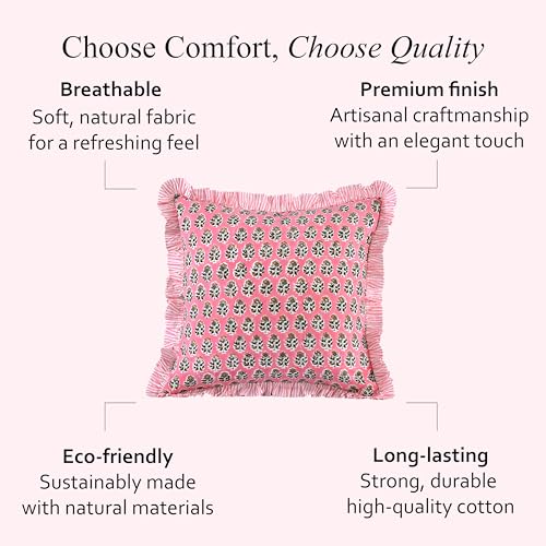 CPC Poppy Pink Block Print Ruffle Pillow Cover 16x16 Inch, Pack of 2 - color: Poppy Pink, size: 16" x 16" (Pack of 2)