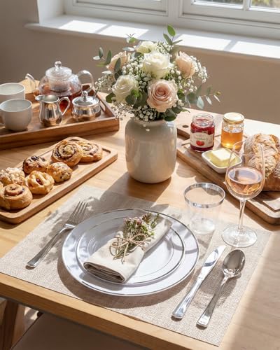 bUCLA 150-Piece Silver Disposable Dinnerware Set - White Plastic Plates with Silver Rim - Include 25 Dinner Plates, 25 Dessert Plates, 25 Forks, 25 Knives, 25 Spoons & 25 Cups for Party & Christmas - color: Silver