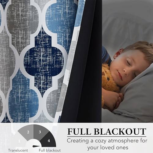 Beauoop Moroccan 100% Blackout Curtains Bedroom Blue Grey 50x72 2 Panels - color: Rod Pocket | Blue and Grey, size: 50"W x 72"L (Pack of 2)