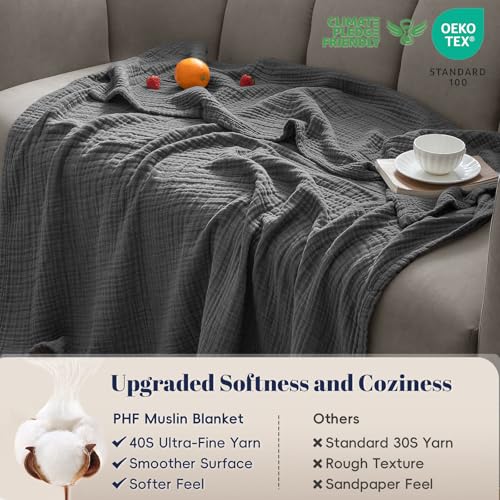 PHF 100% Cotton Muslin Blanket for Adults, Twin XL 66"X90", Greyish Black - color: 04 - Greyish Black, size: Twin XL(66"X90")
