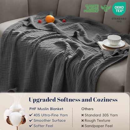PHF 100% Cotton Muslin Blanket for Adults, Twin XL 66"X90", Greyish Black - color: 04 - Greyish Black, size: Twin XL(66"X90")