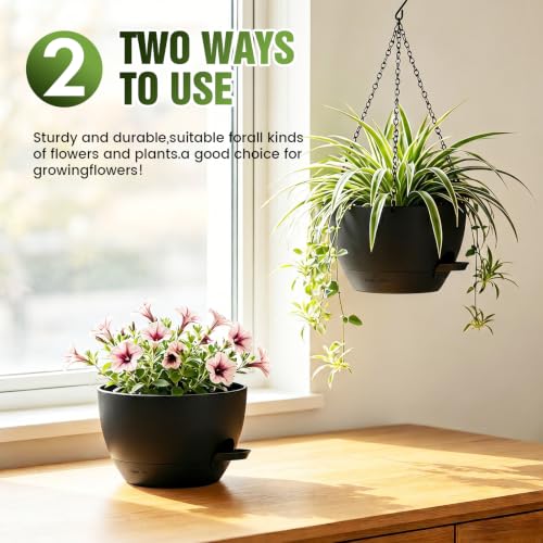 8 Inch Self Watering Hanging Planters Set of 3 with Saucers - color: Black, size: 8 Inch 3 Pack