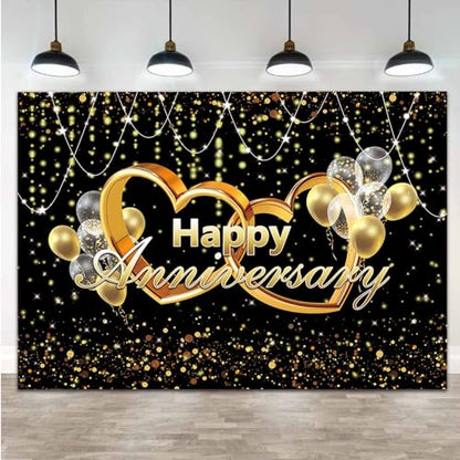 Happy Anniversary Backdrop Black and Gold Balloons Photography Background Poster for Wedding Anniversary Party Birthday Party Decorations Banner 9x6ft - size: 9x6FT(270x180cm)