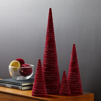 Set of 4 Burgundy Velvet Trees, Elegant Fabric Winter Mantel Decor, Luxurious Artisan Accent, Winter Valentine Tree, Centerpiece (Burgundy) - color: Burgundy