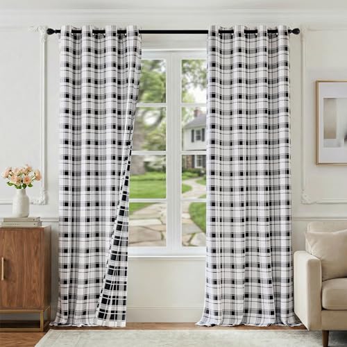 Beauoop Black White Plaid Jacquard Blackout Curtains Bedroom 52x96 2 Panels - color: Black and White, size: 52"W x 96"L (Pack of 2)